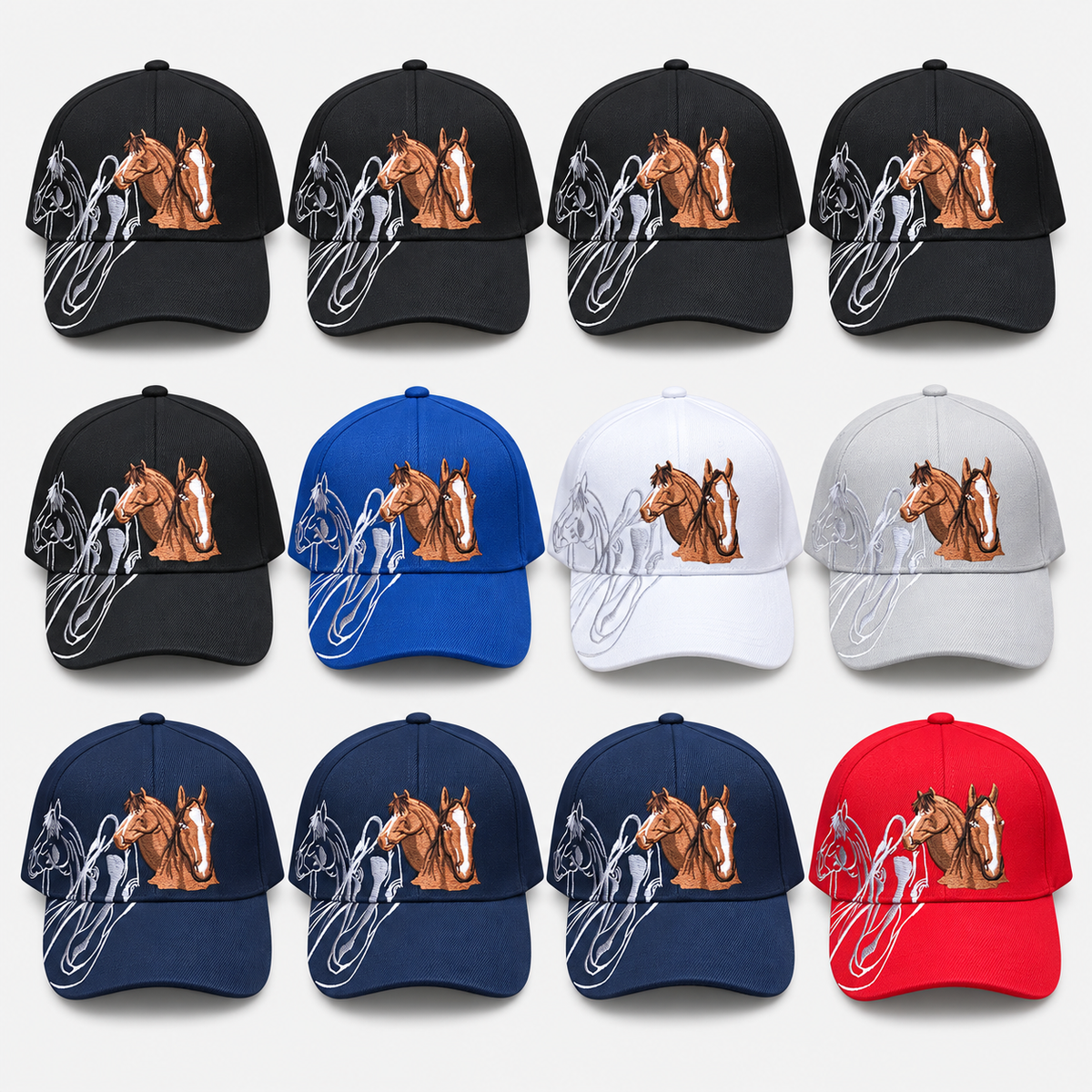 Gorras de béisbol con caballos bordados — colores: azul rey, gris claro, negro, blanco, azul marino, rojo; surtido de 12 piezas