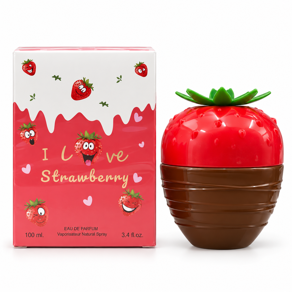 I Love Strawberry 100 ml eau de parfum in a strawberry-shaped red and brown bottle beside its illustrated box