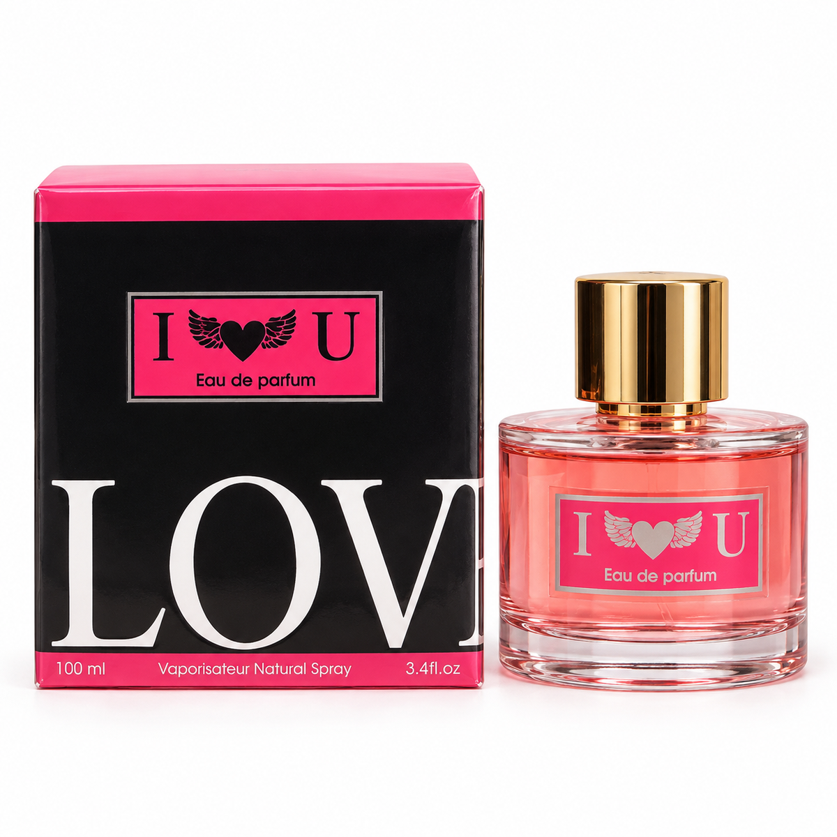 I Love U 100 ml women's eau de parfum in a pink glass bottle with a gold-tone cap beside its black-and-pink box