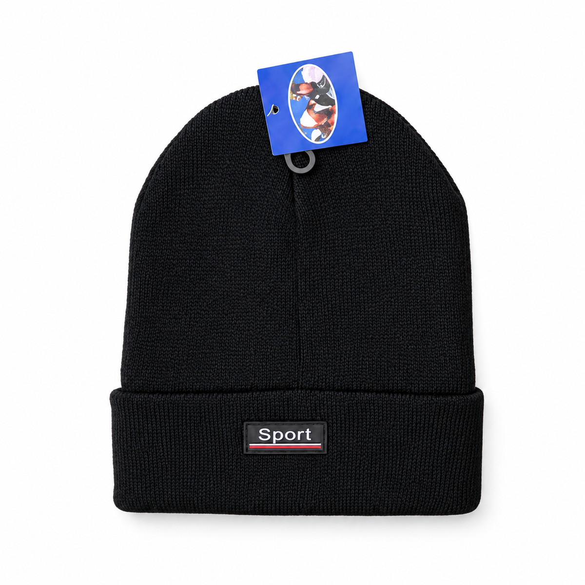 Black knit beanie with a folded cuff and rectangular Sport patch
