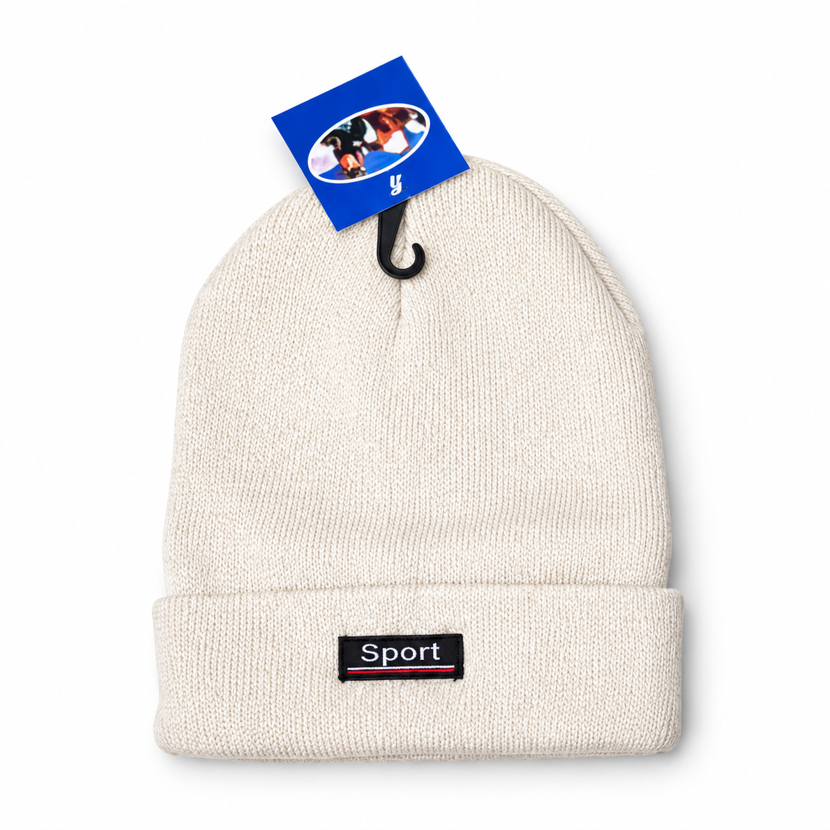 Cream knit beanie with a folded cuff and rectangular Sport patch