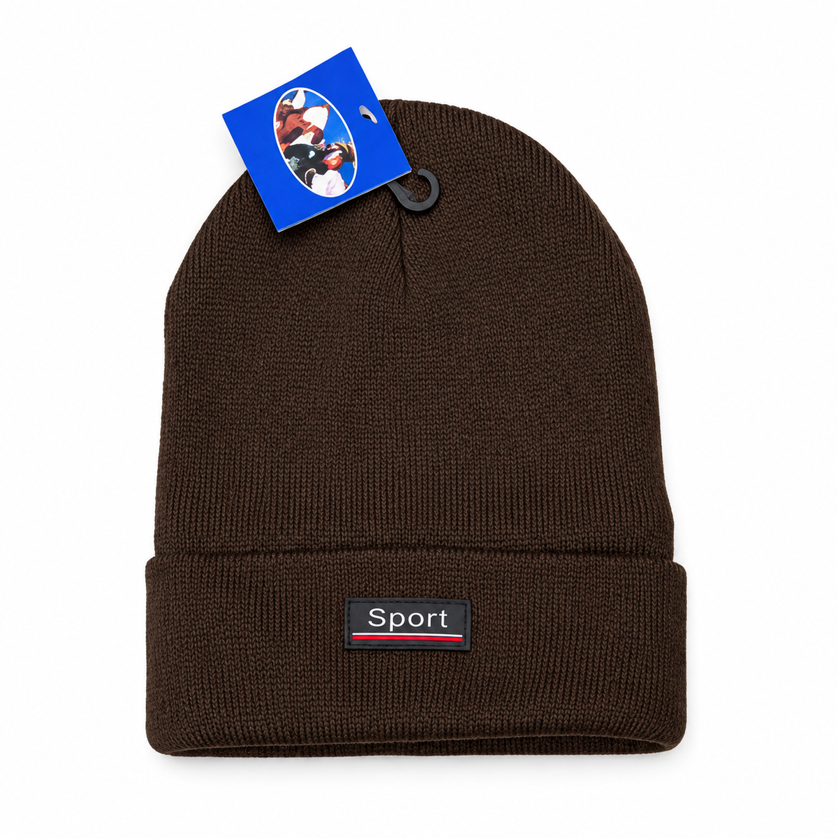 Dark brown knit beanie with a folded cuff and rectangular Sport patch