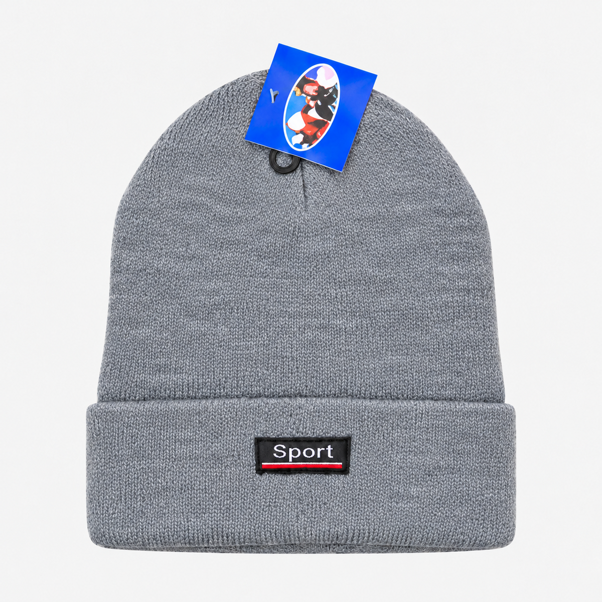 Gray knit beanie with a folded cuff and rectangular Sport patch