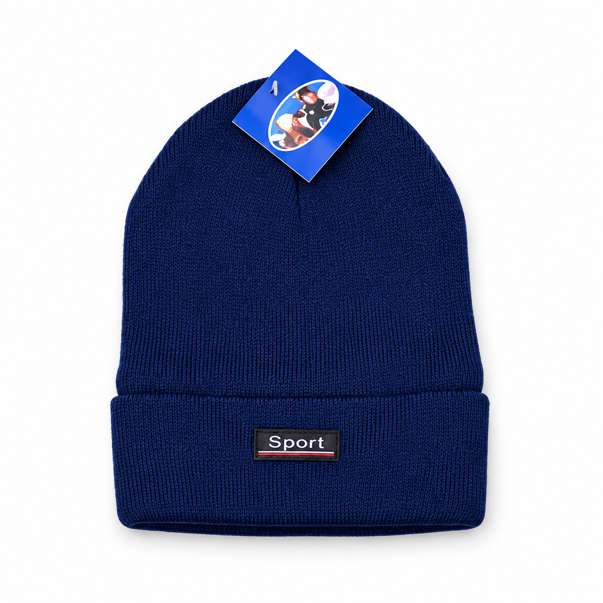 Navy knit beanie with a folded cuff and rectangular Sport patch