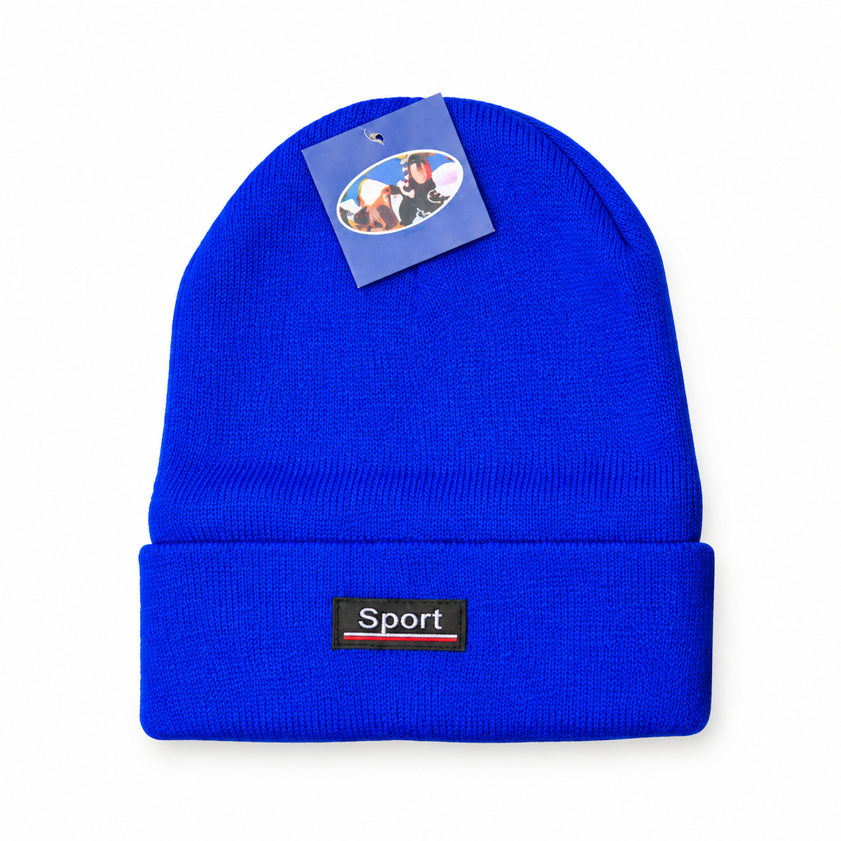 Royal blue knit beanie with a folded cuff and rectangular Sport patch