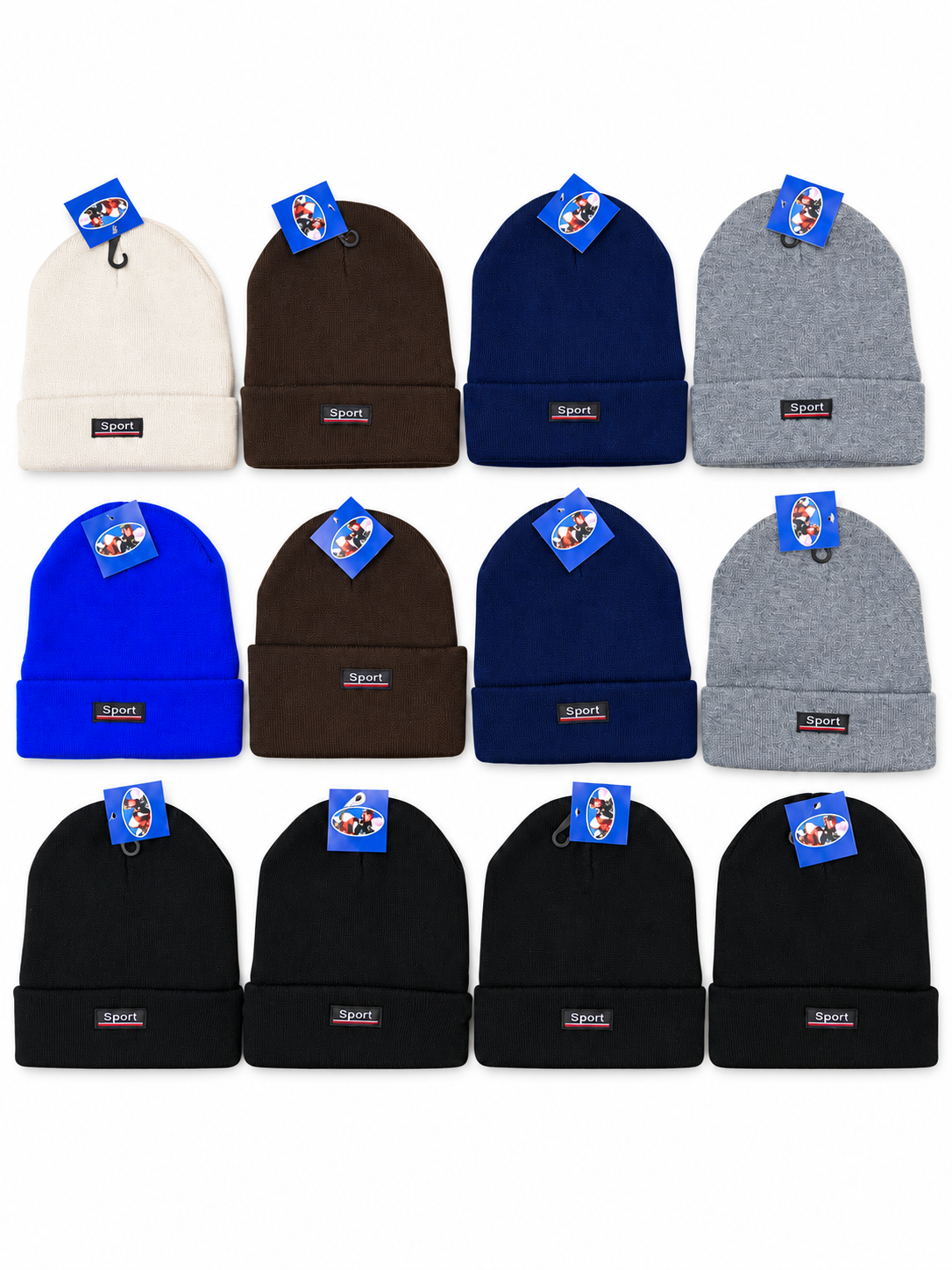 Twelve cuffed Sport beanies in black, cream, brown, navy, gray and royal blue