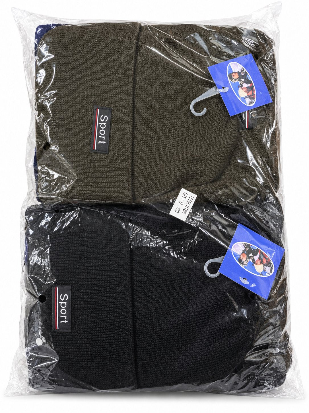 Dark brown and black cuffed Sport beanies in clear packaging