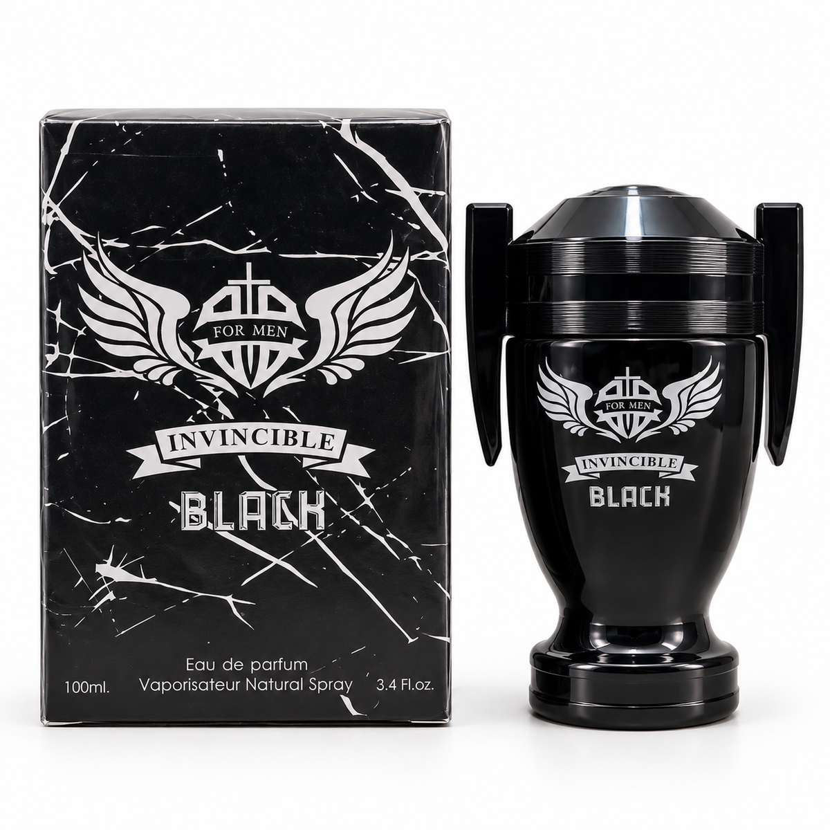 Invincible Black 100 ml men's eau de parfum in a black trophy-style bottle beside its patterned black box