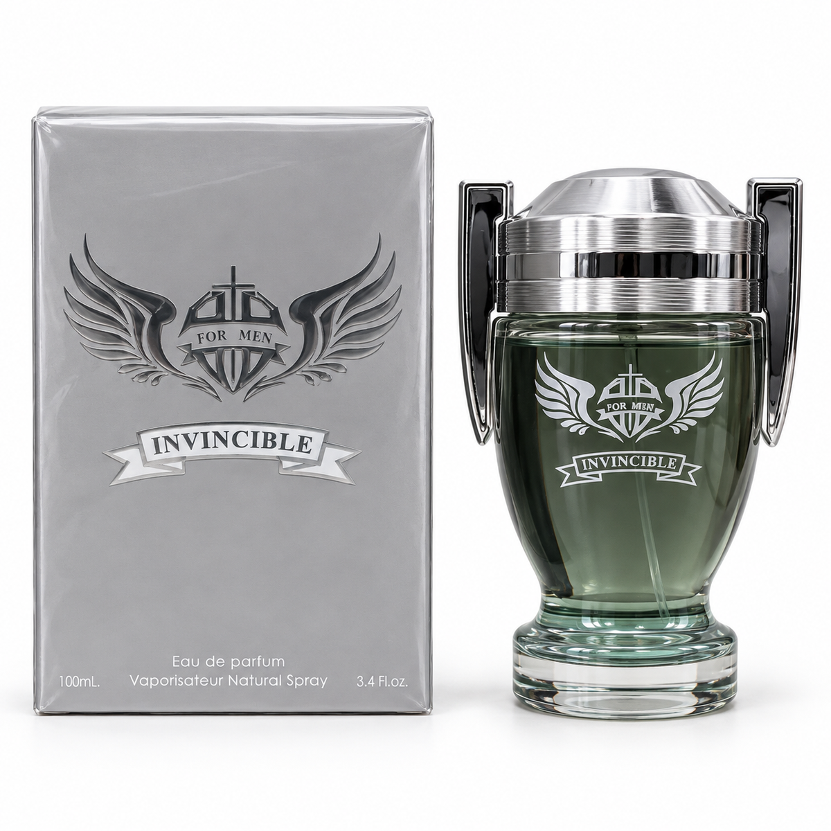 Invincible 100 ml men's eau de parfum in a trophy-style bottle with a silver cap beside its silver box