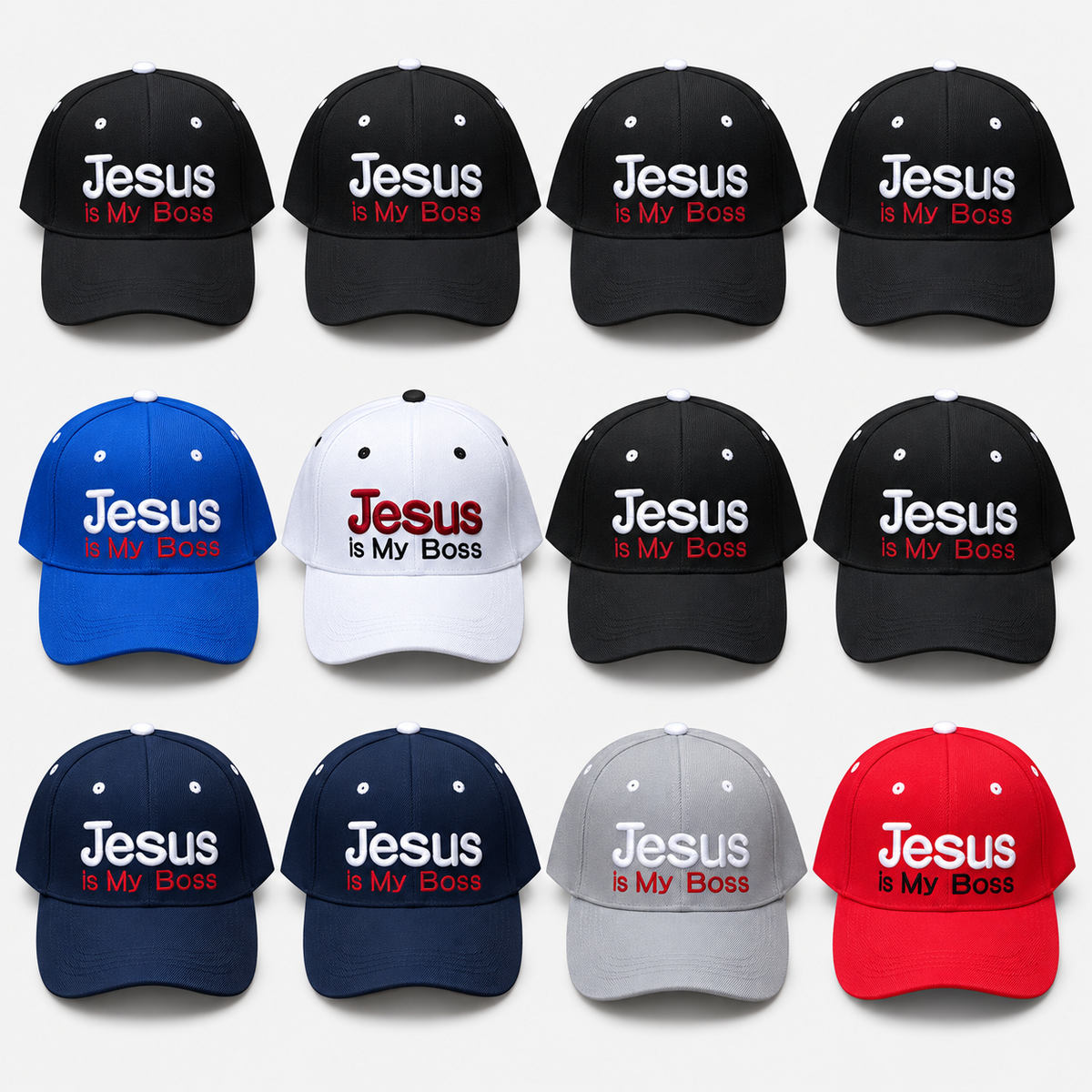 Jesus Is My Boss caps: complete 12-cap assortment, 6 black, 2 navy, 1 royal blue, 1 white, 1 gray and 1 red
