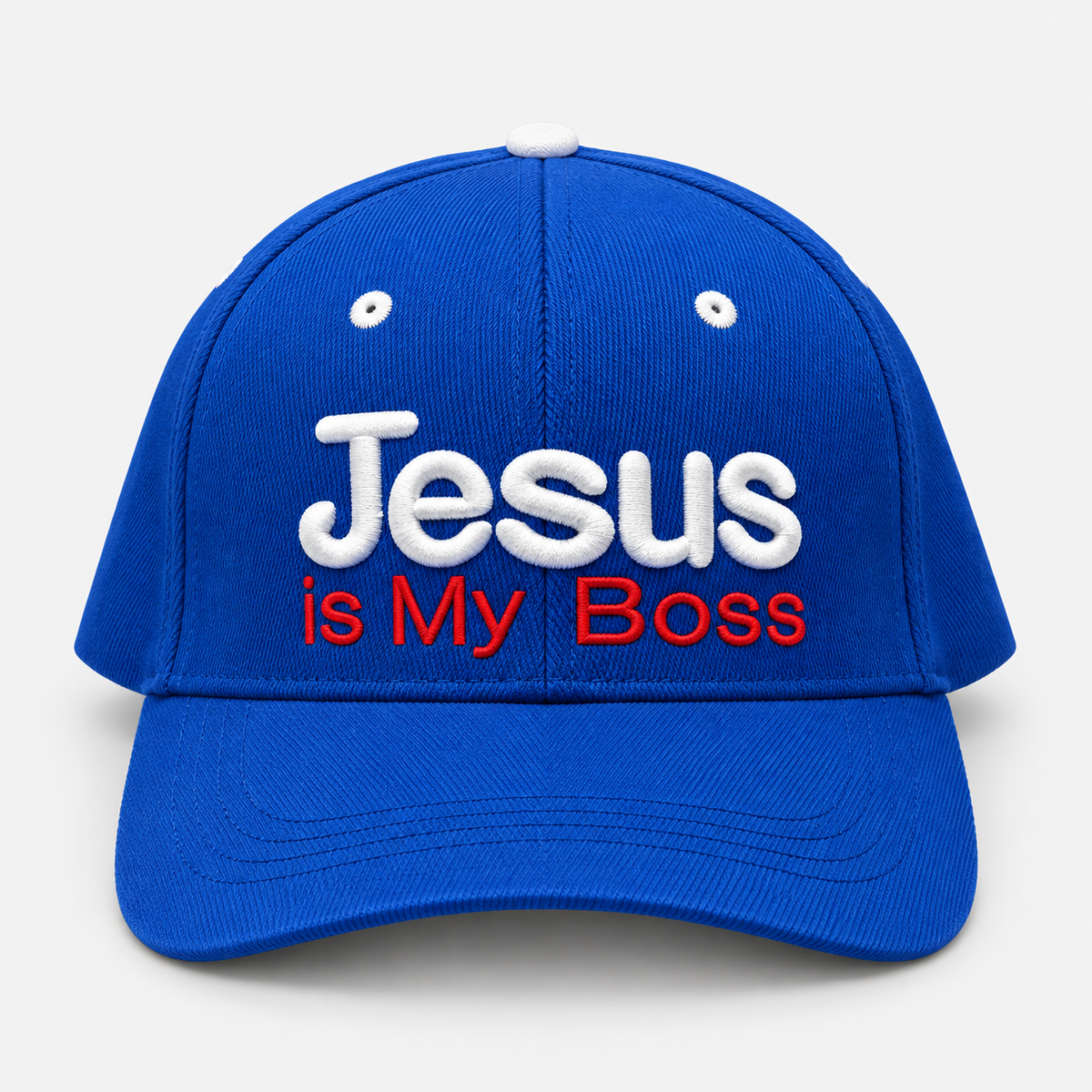 Jesus Is My Boss embroidered cap in royal blue — centered front view