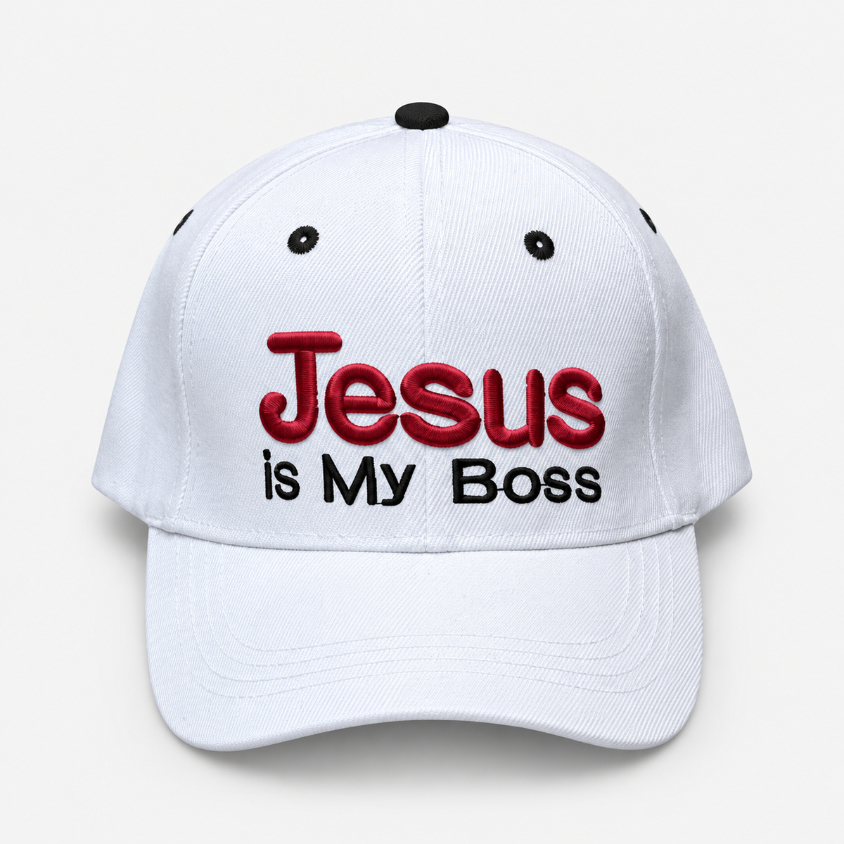 Jesus Is My Boss embroidered cap in white