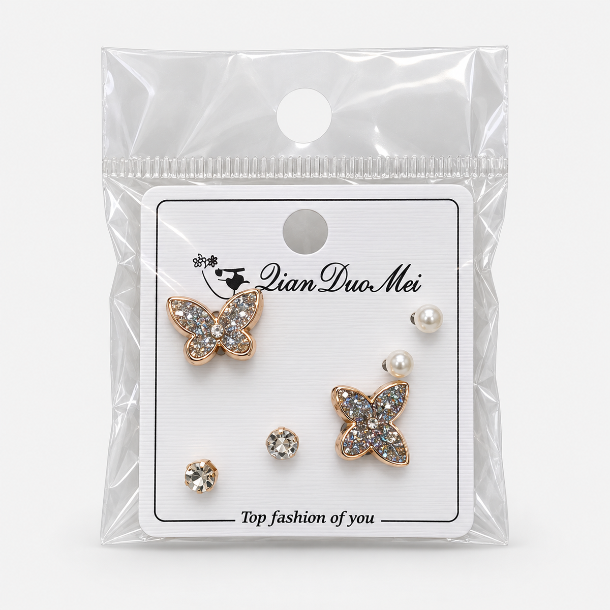 Butterfly Stud Earring Set – 3 Pairs — Silver glitter retail package
