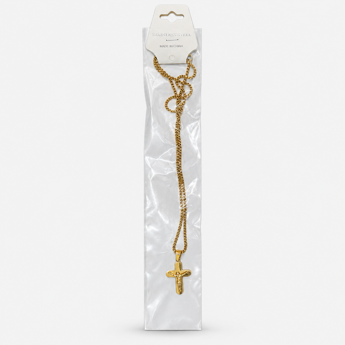 Crucifix Pendant Necklace — Gold retail package