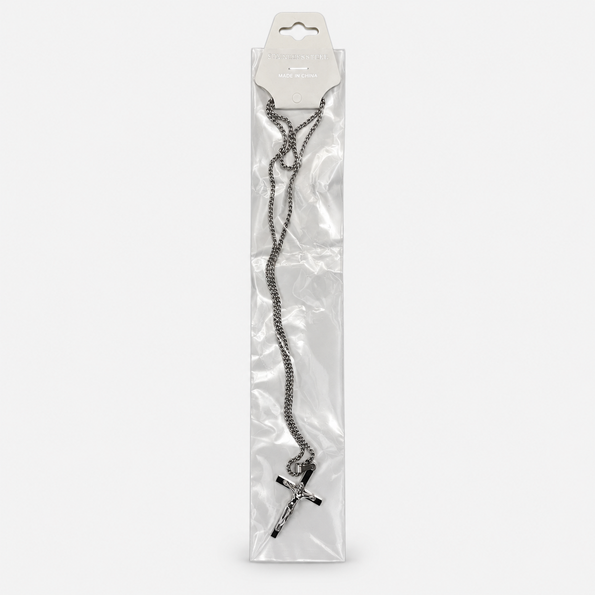 Crucifix Pendant Necklace — Silver retail package