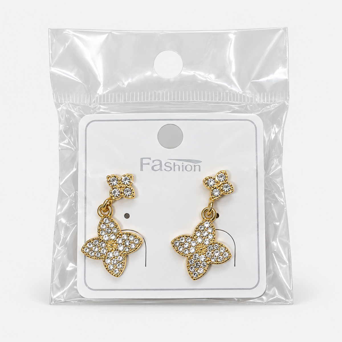 Rhinestone Four-Petal Drop Earrings — Gold retail package