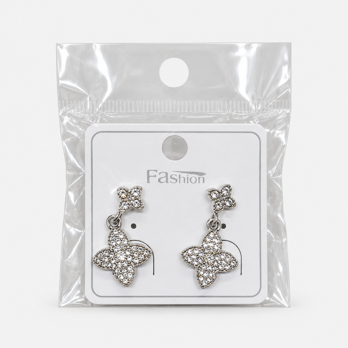 Rhinestone Four-Petal Drop Earrings — Silver retail package