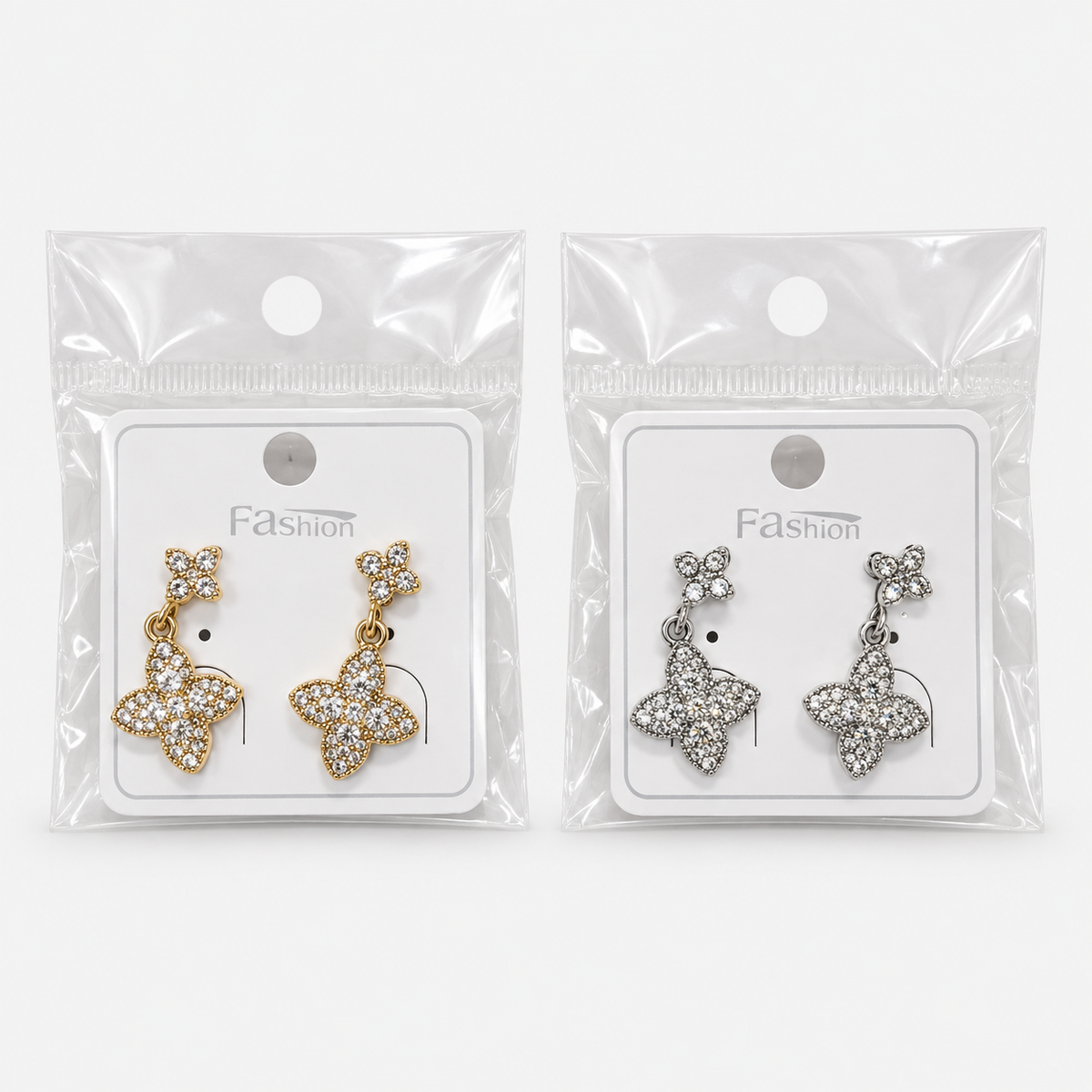 Rhinestone Four-Petal Drop Earrings — available colors, sold separately
