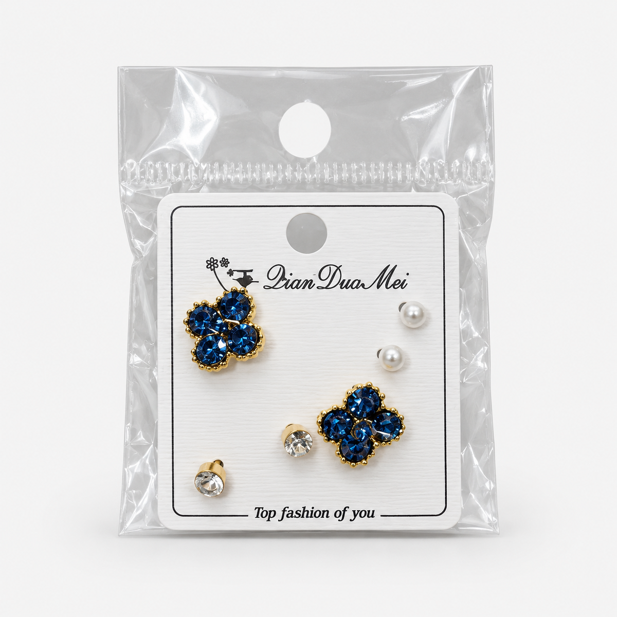 Four-Petal Gem Stud Earring Set – 3 Pairs — Blue retail package