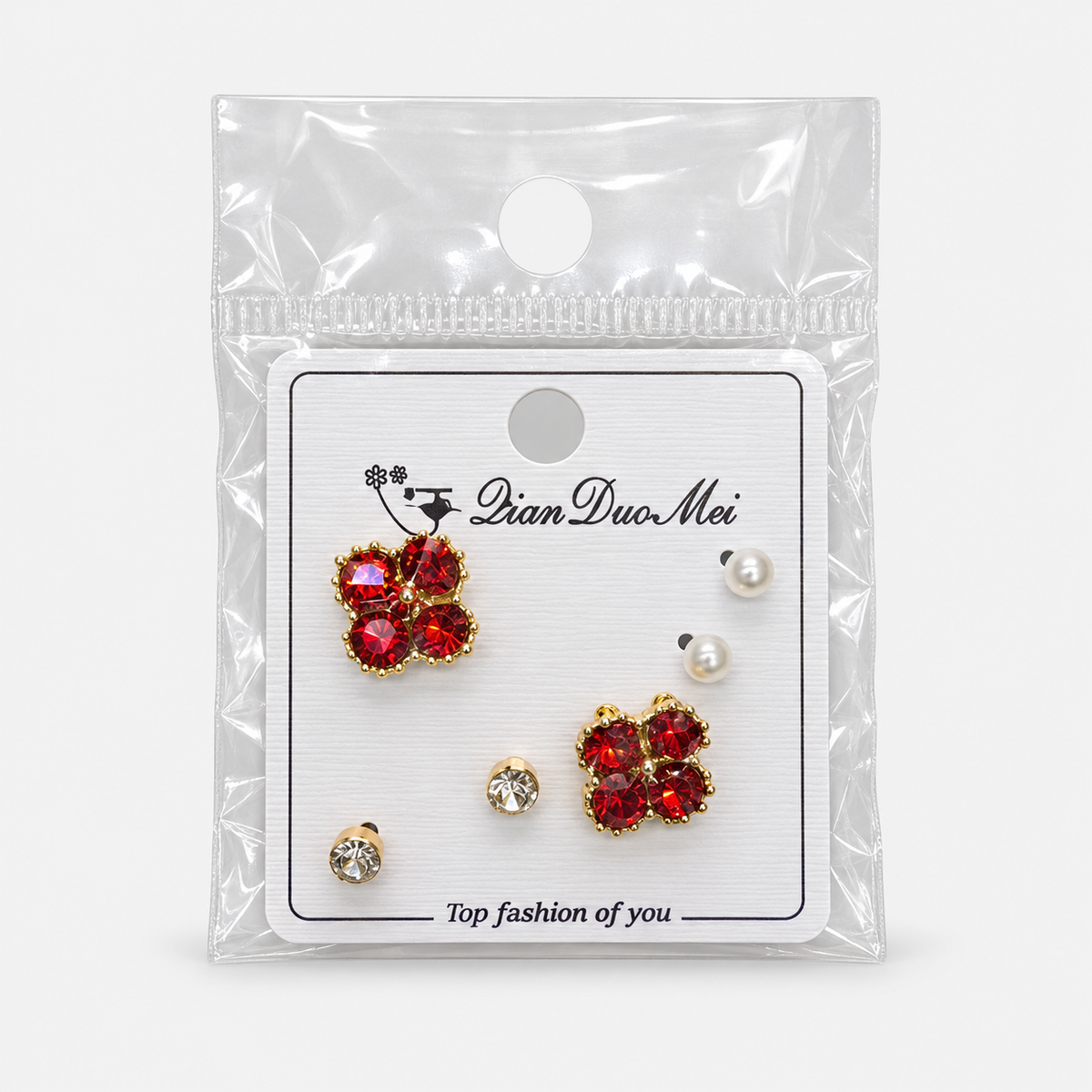 Four-Petal Gem Stud Earring Set – 3 Pairs — Red retail package