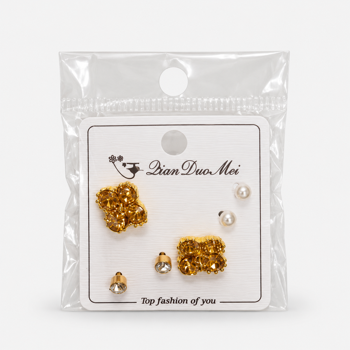 Four-Petal Gem Stud Earring Set – 3 Pairs — Gold retail package