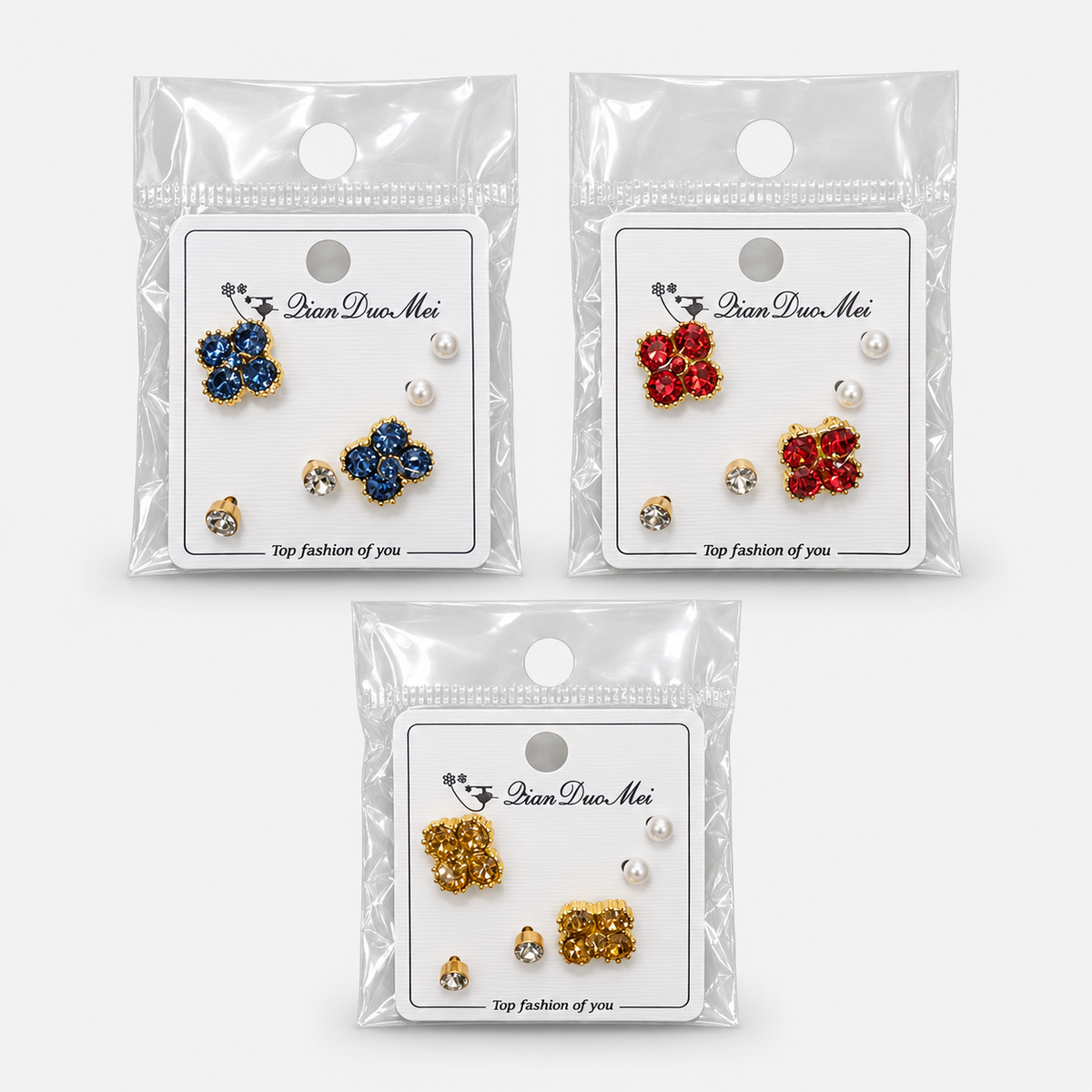 Four-Petal Gem Stud Earring Set – 3 Pairs — available colors, sold separately