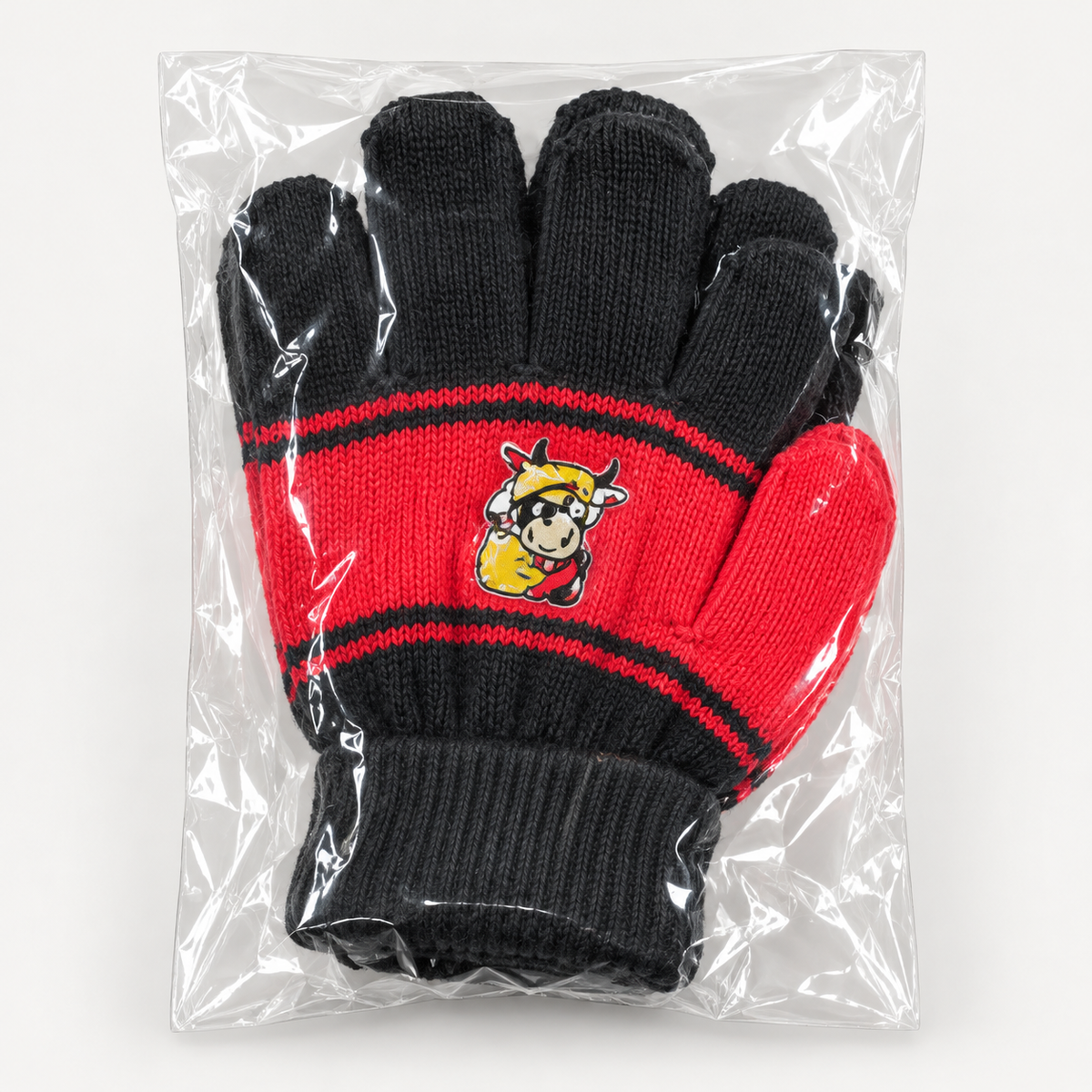 Kids' cartoon striped knit gloves — black