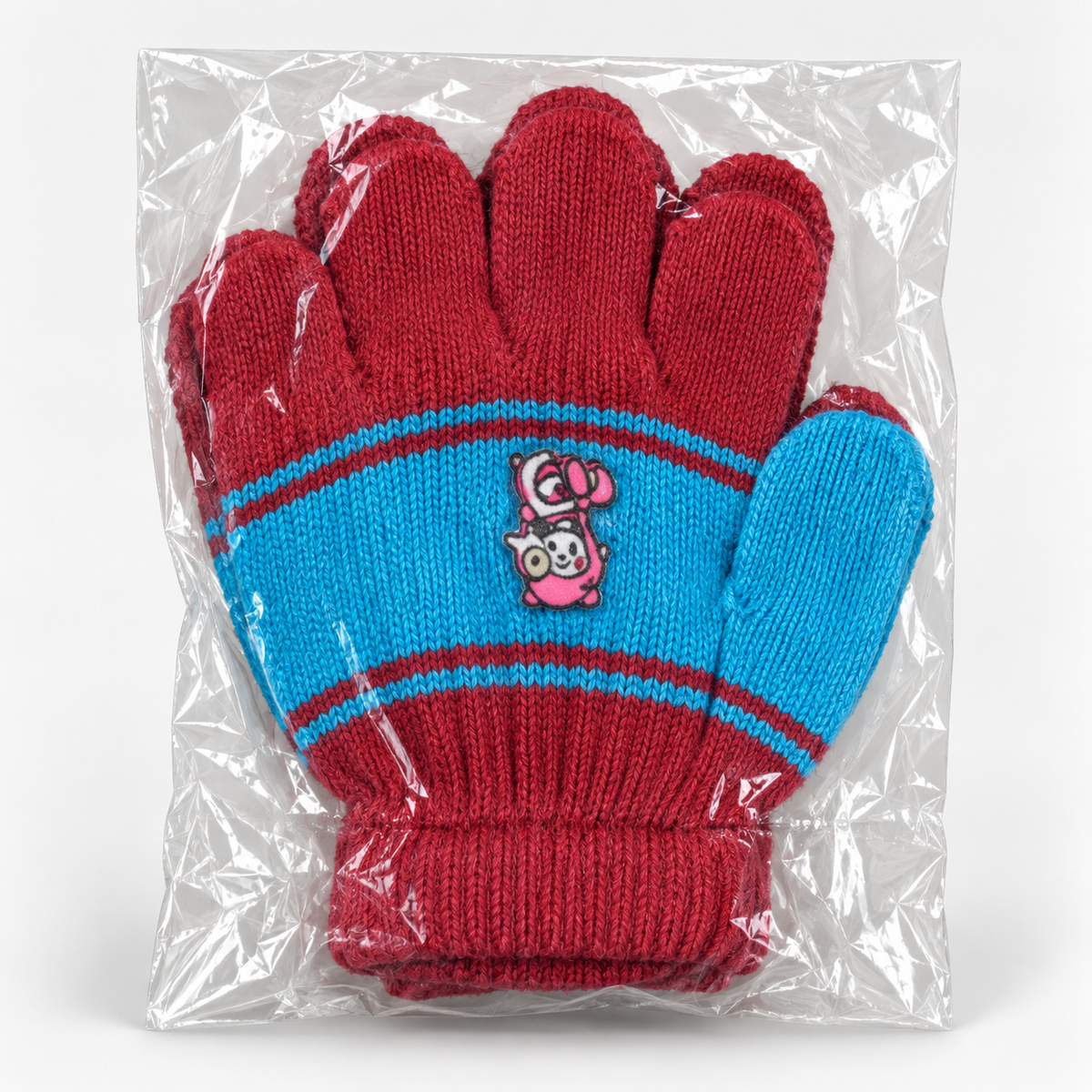 Kids' cartoon striped knit gloves — burgundy