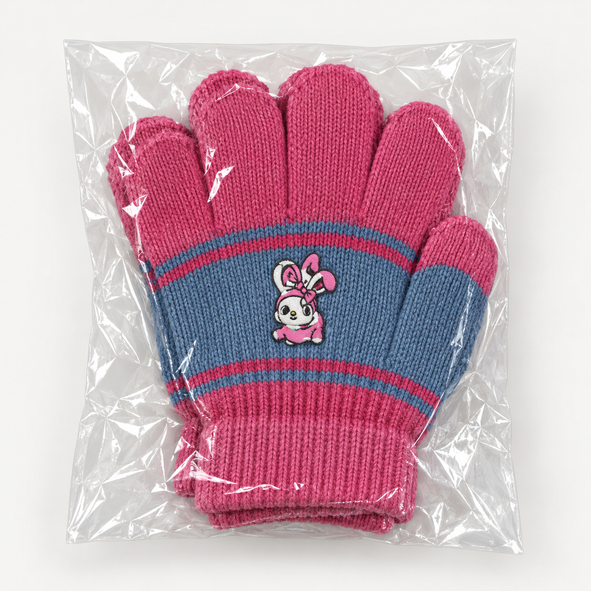 Kids' cartoon striped knit gloves — dusty rose