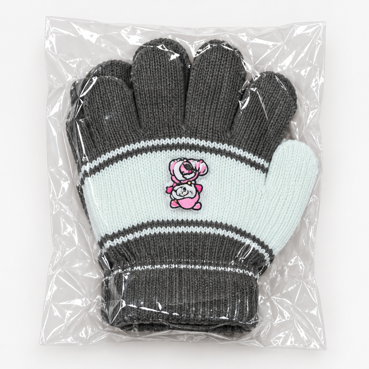 Kids' cartoon striped knit gloves — gray