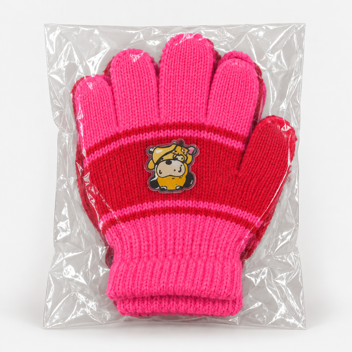 Kids' cartoon striped knit gloves — hot pink