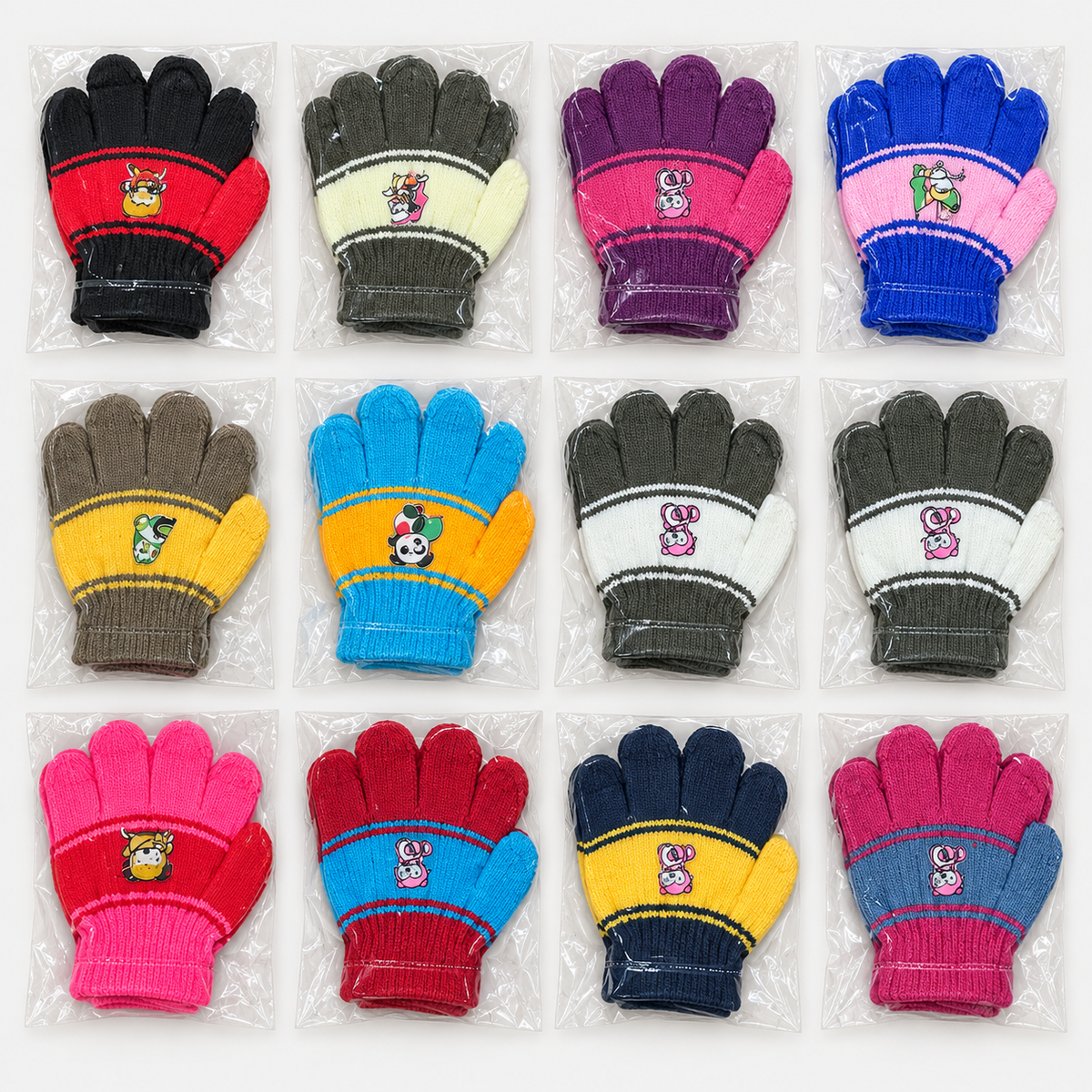 Mixed dozen of kids' cartoon striped knit gloves