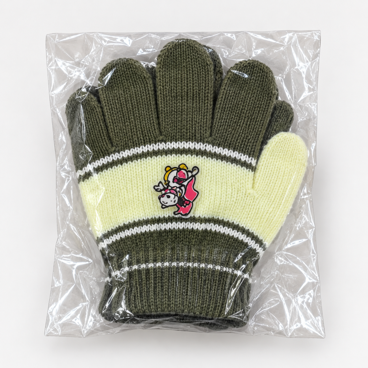 Kids' cartoon striped knit gloves — olive