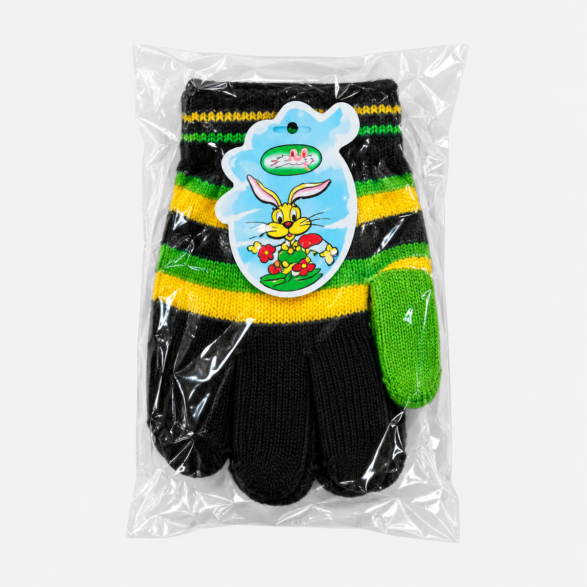 Kids’ striped knit gloves — black-green — one packaged pair
