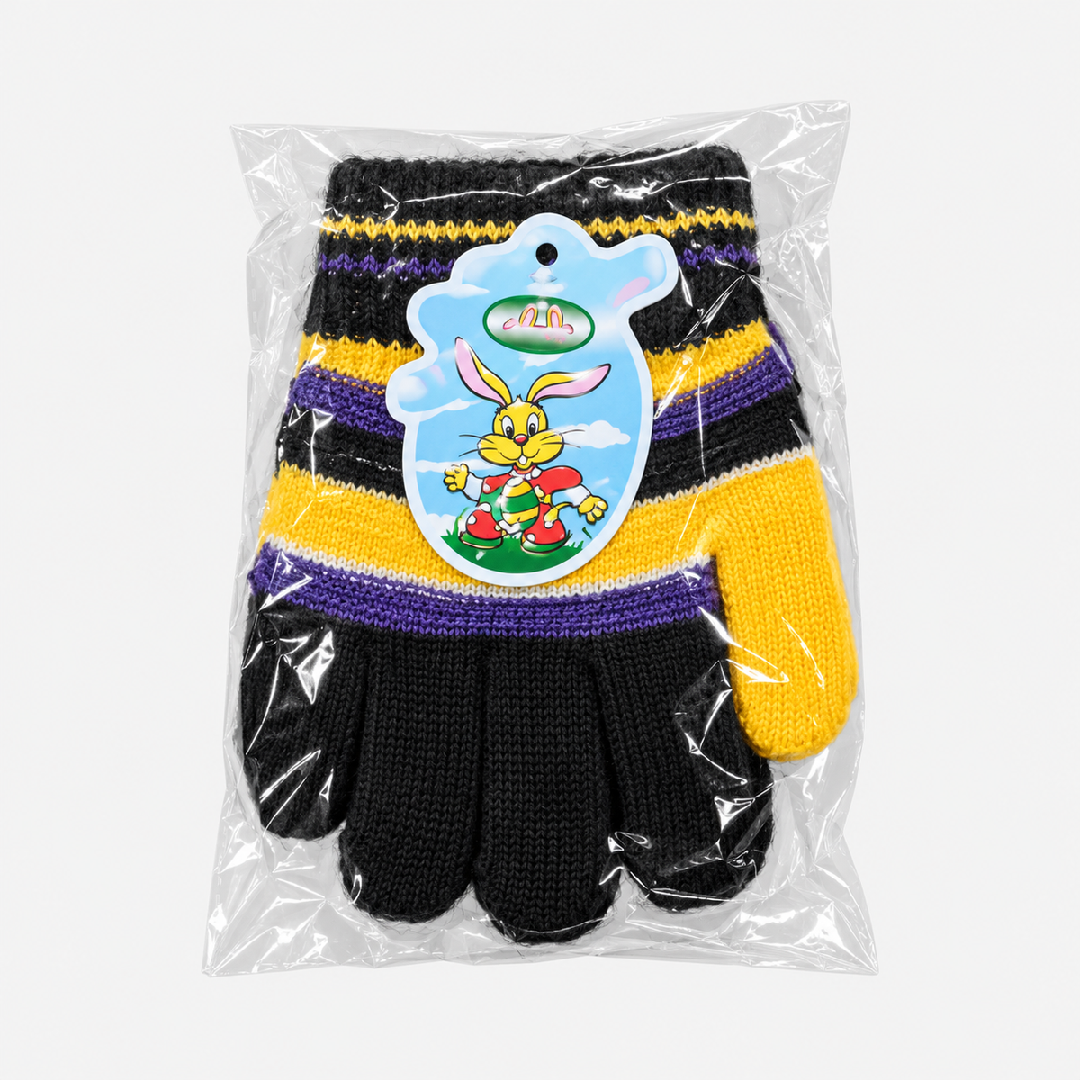 Kids’ striped knit gloves — black-purple — one packaged pair