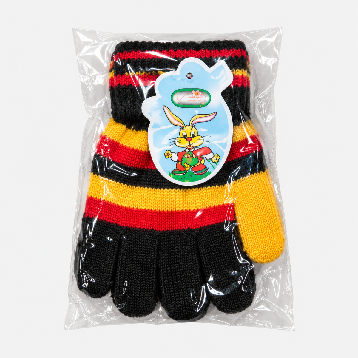 Kids’ striped knit gloves — black-red — one packaged pair