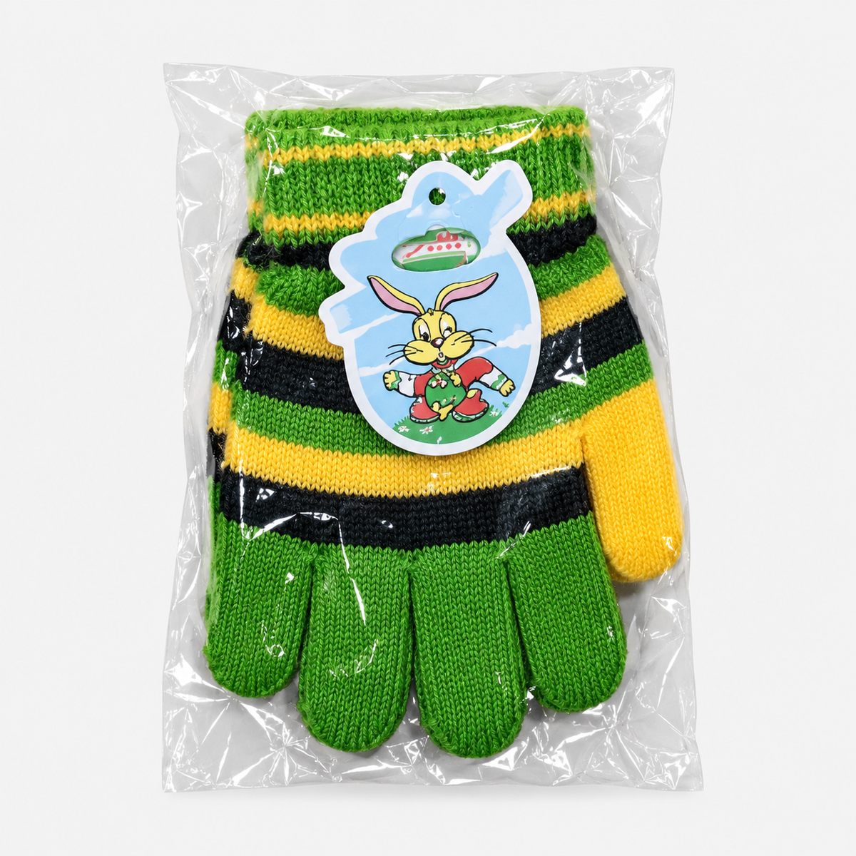 Kids’ striped knit gloves — green — one packaged pair