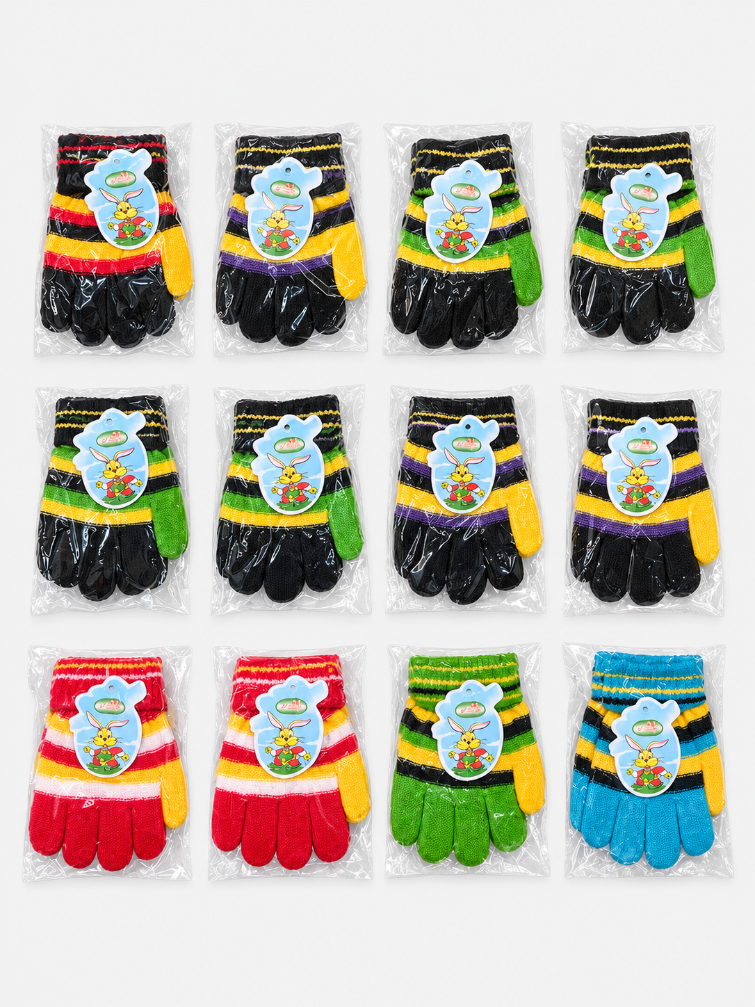 Complete assorted dozen of kids’ striped knit gloves, 12 individually packaged pairs