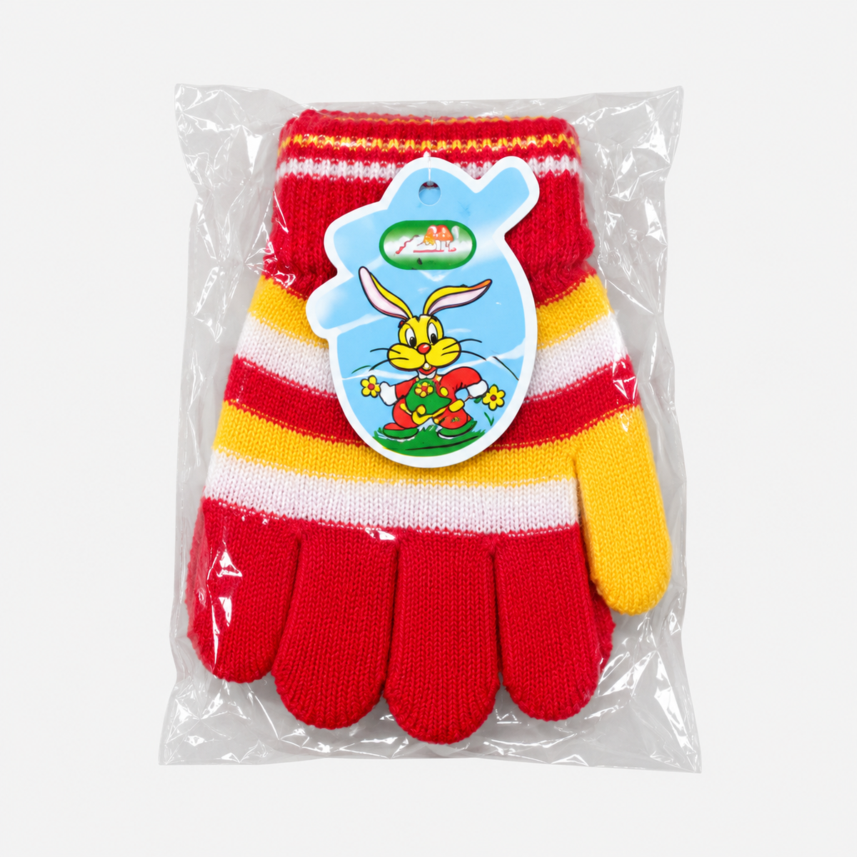 Kids’ striped knit gloves — red — one packaged pair