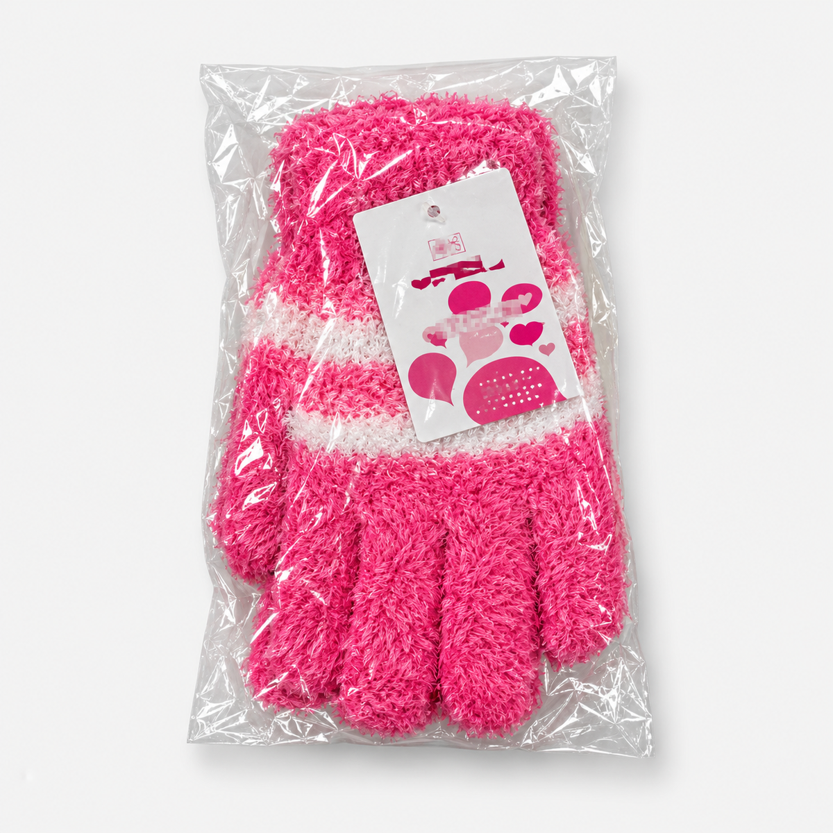 hot pink kids' fuzzy striped gloves, one packaged pair