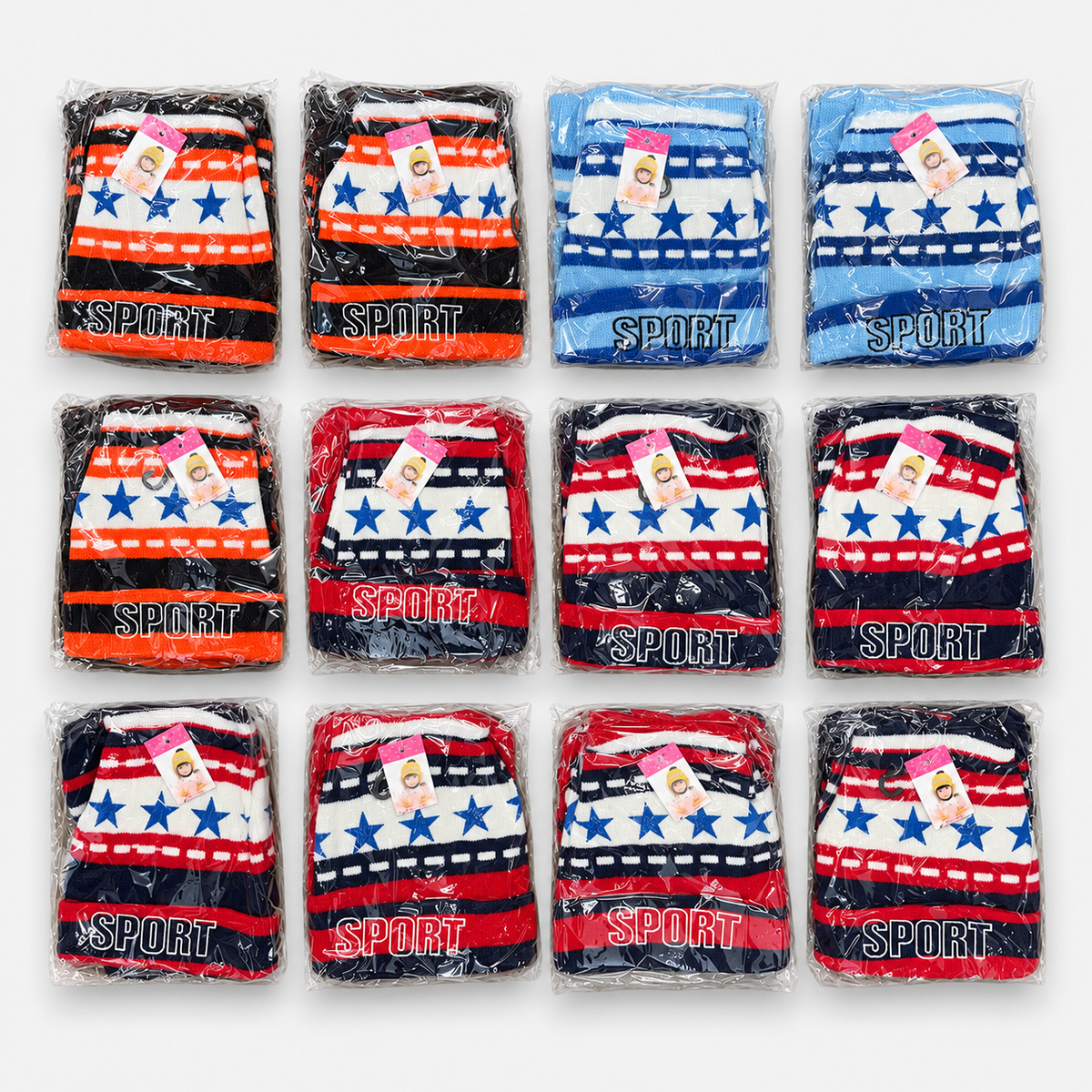 Boys’ Sport Knit Hat, Scarf & Gloves Set — complete assortment of 12 packaged sets