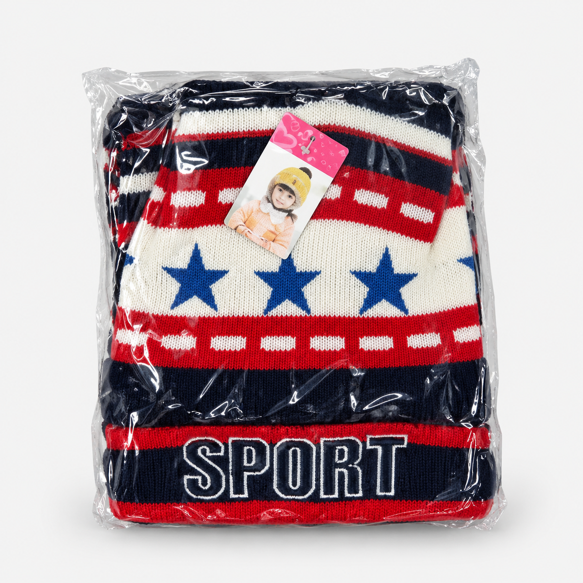 Boys’ Sport Knit Hat, Scarf & Gloves Set — Navy / Red packaged set
