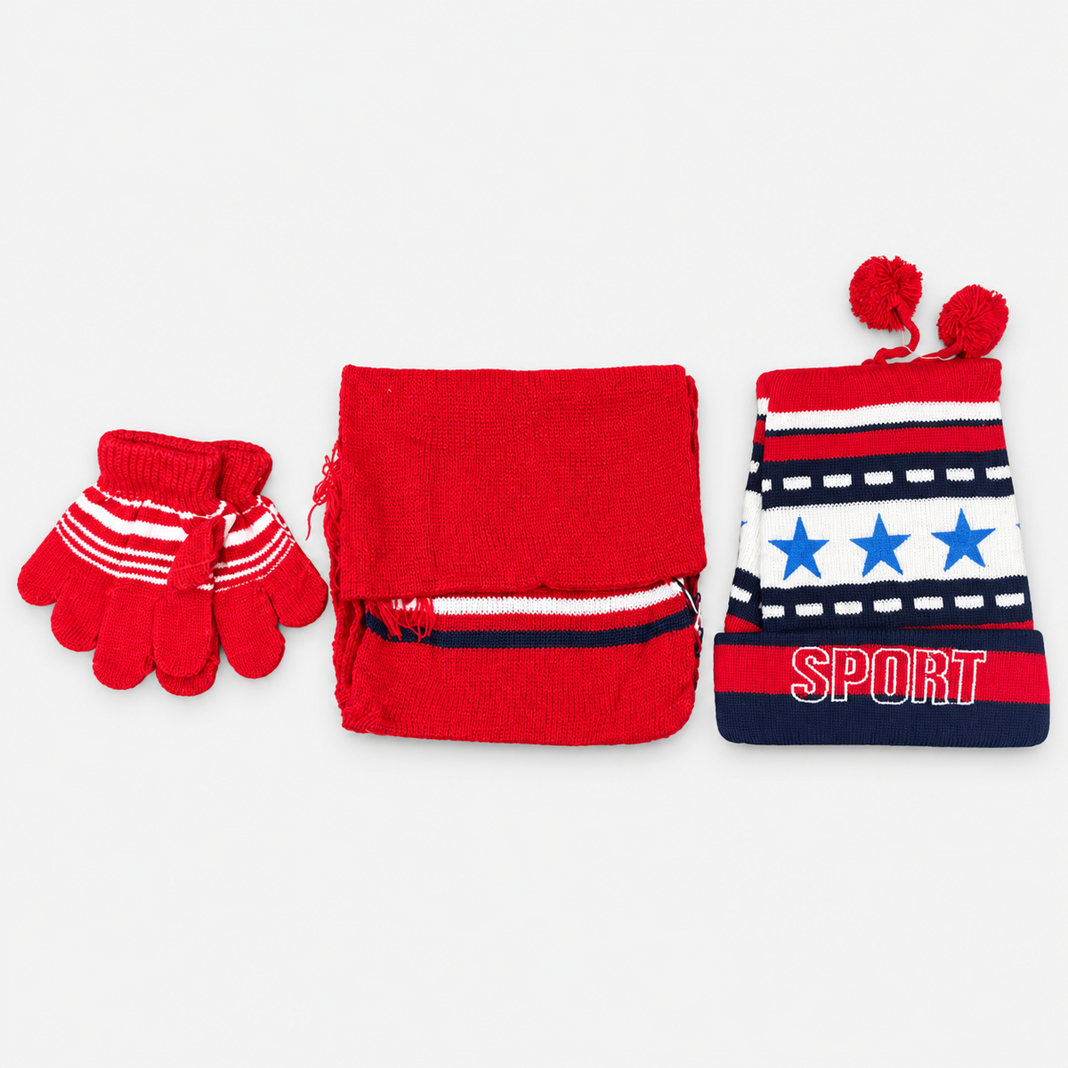 Boys’ Sport Knit Hat, Scarf & Gloves Set — opened hat, scarf and pair of gloves
