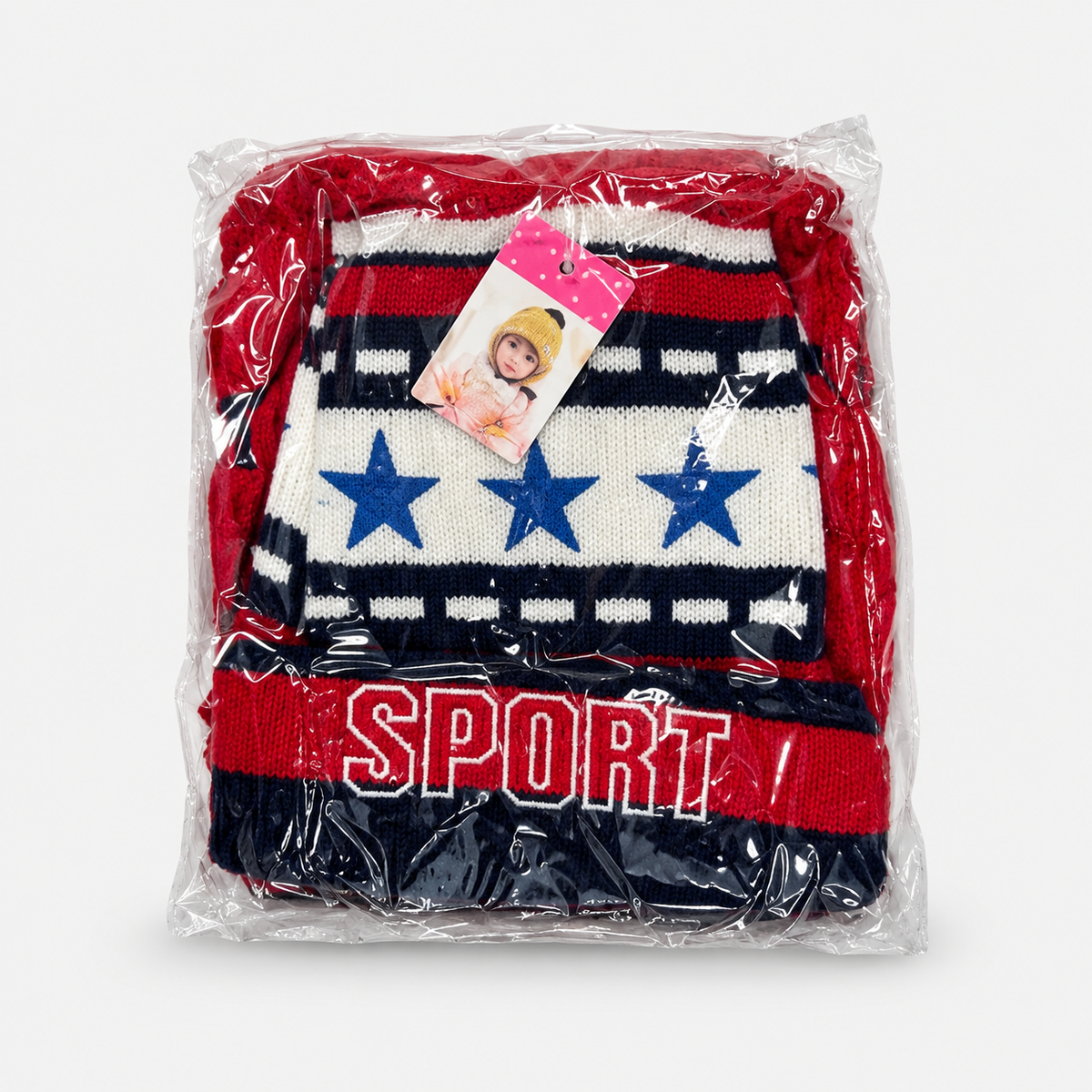 Boys’ Sport Knit Hat, Scarf & Gloves Set — Red / Navy packaged set