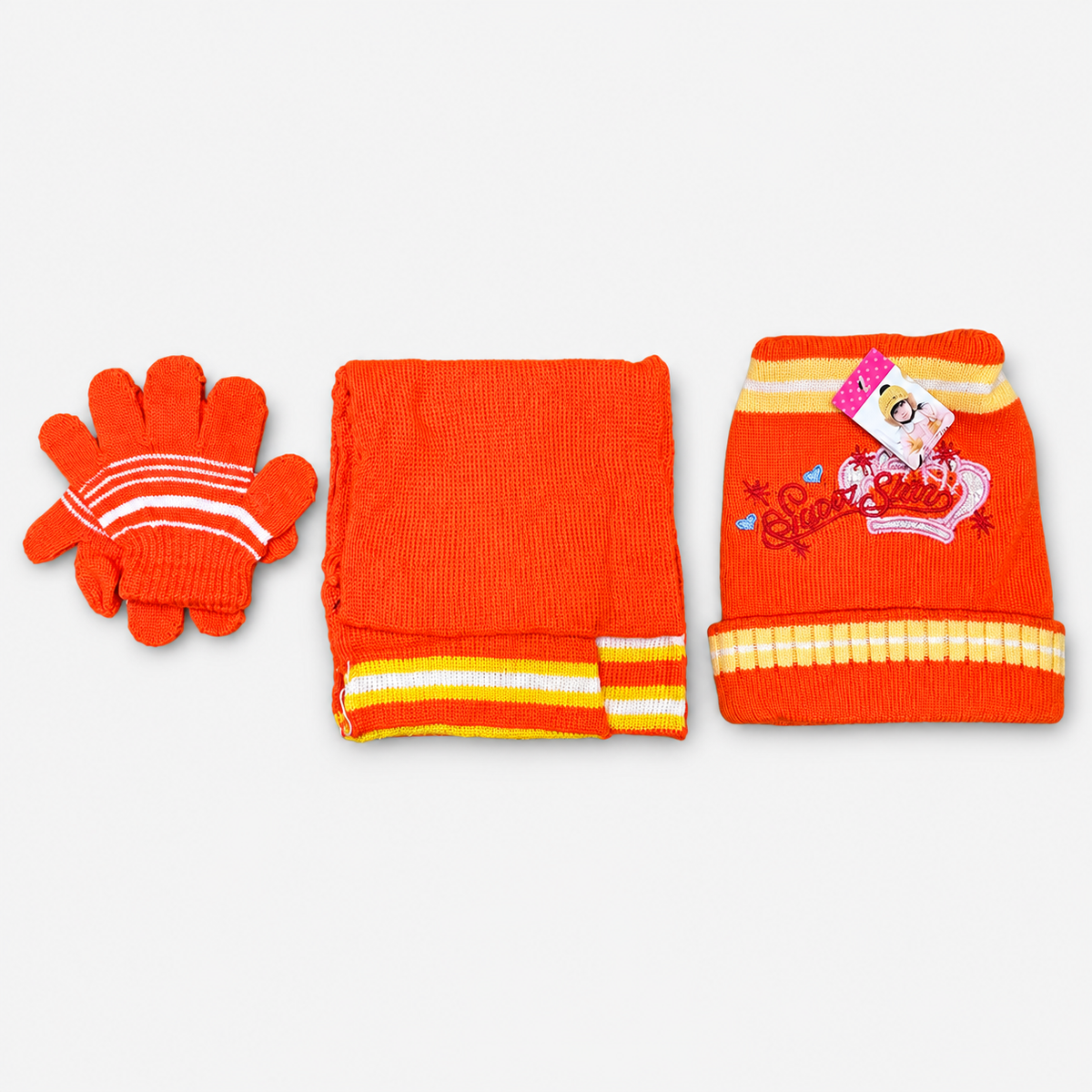 Girls’ Super Star Knit Hat, Scarf & Gloves Set — opened hat, scarf and pair of gloves