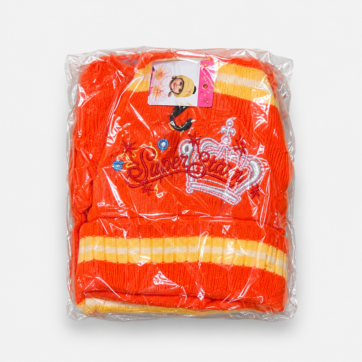 Girls’ Super Star Knit Hat, Scarf & Gloves Set — Orange / Yellow packaged set
