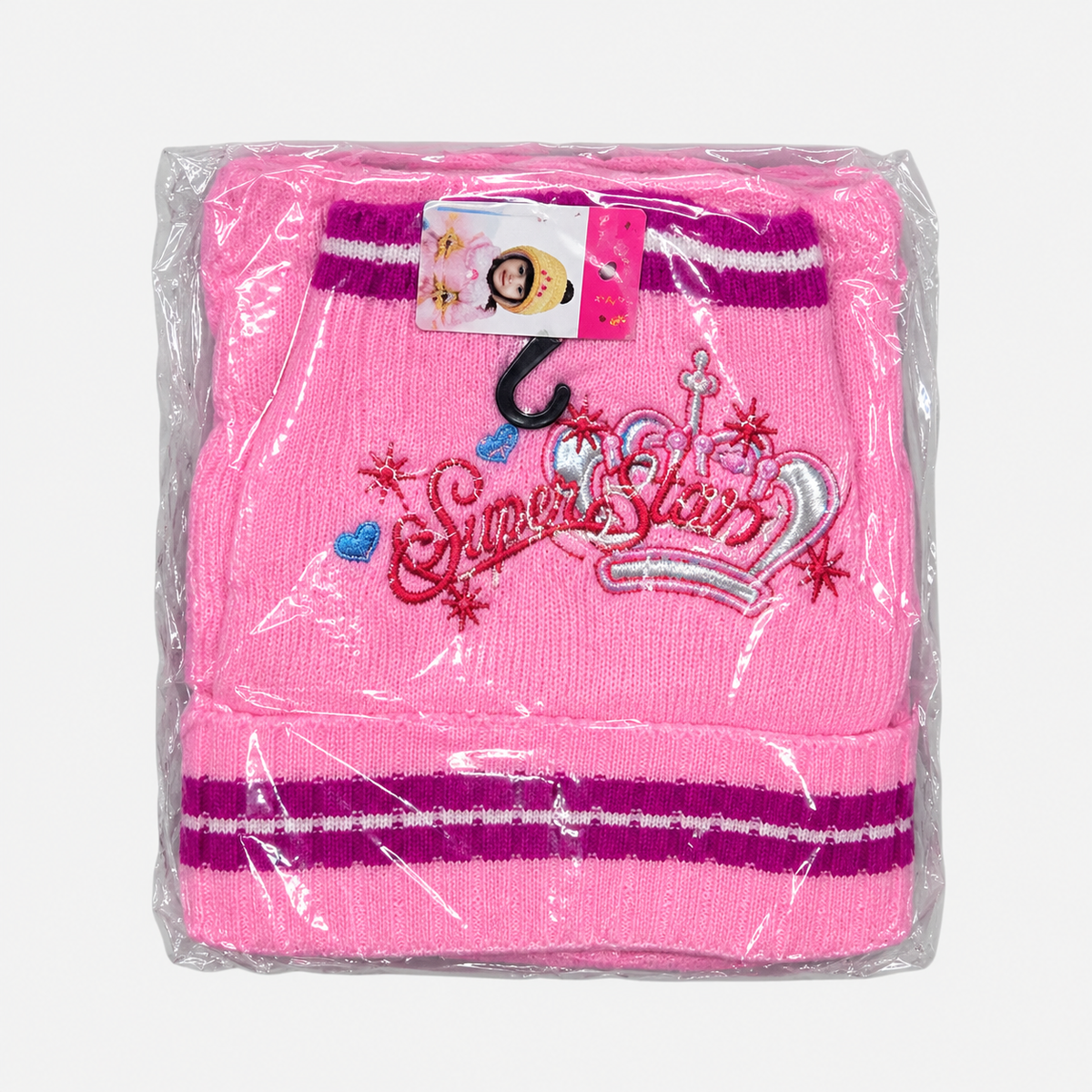 Girls’ Super Star Knit Hat, Scarf & Gloves Set — Pink / Purple packaged set