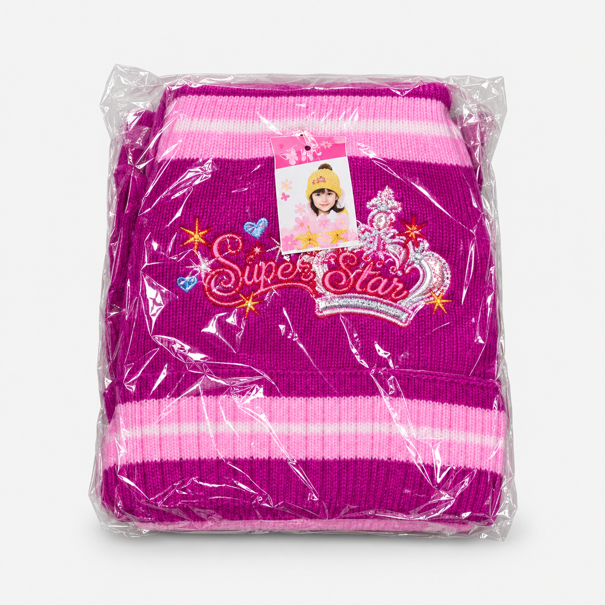 Girls’ Super Star Knit Hat, Scarf & Gloves Set — Purple / Pink packaged set