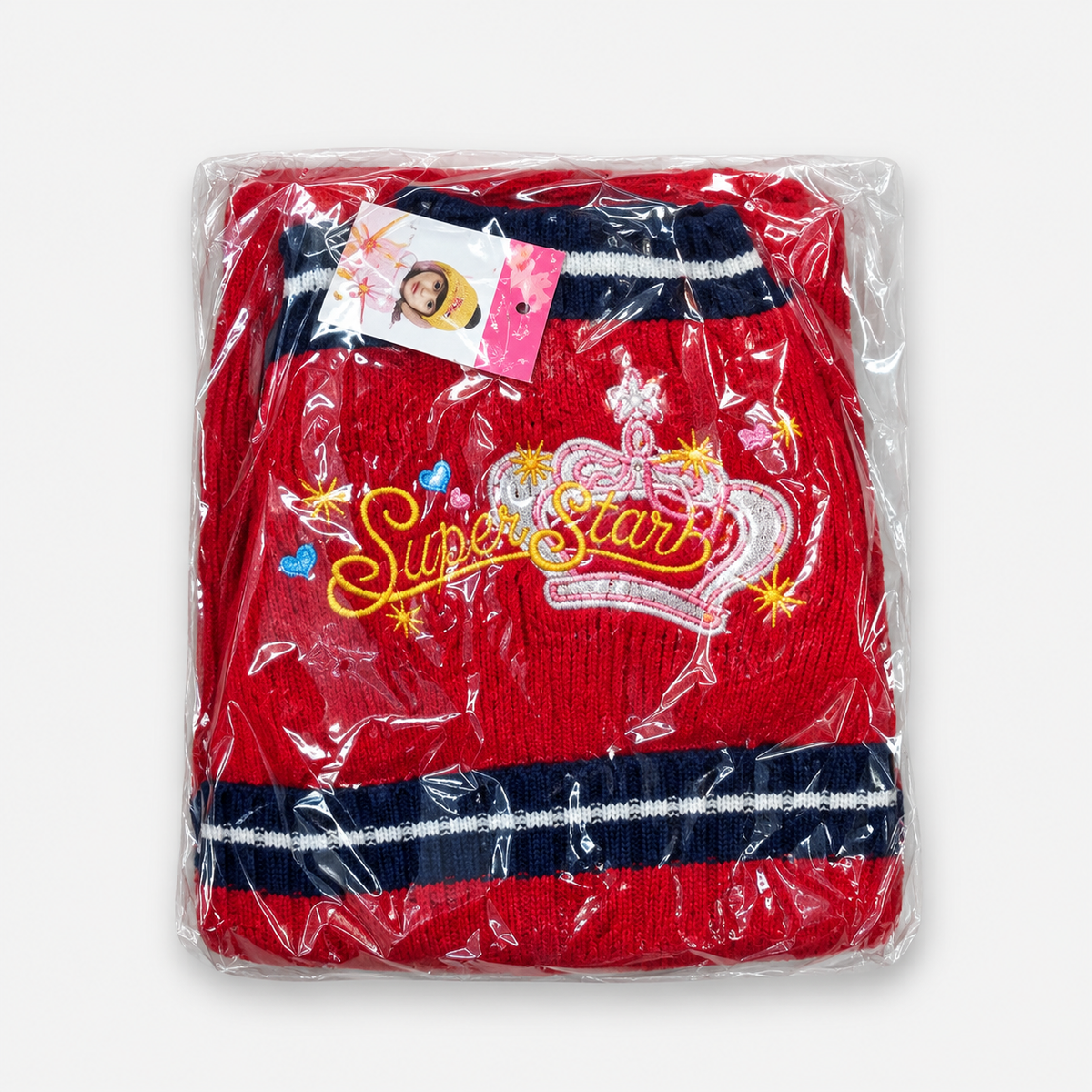 Girls’ Super Star Knit Hat, Scarf & Gloves Set — Red / Navy packaged set