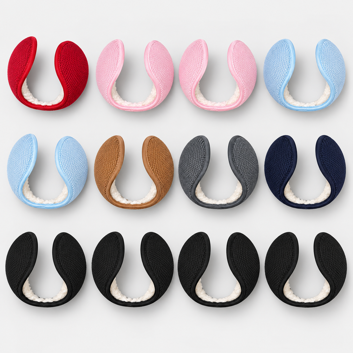 Mixed dozen knit fleece-lined wraparound earmuffs in assorted colors
